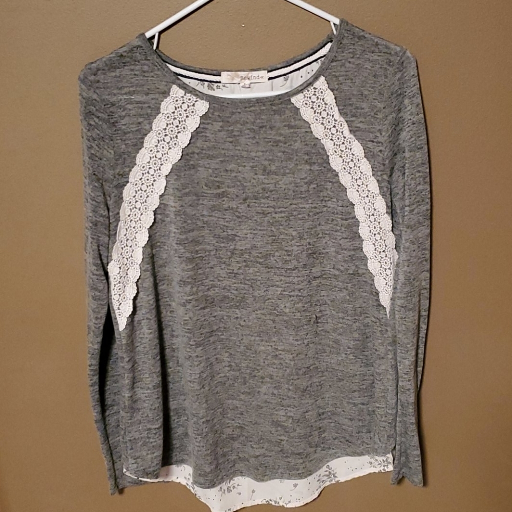 Long Sleeve Knit Top with Lace Trim
